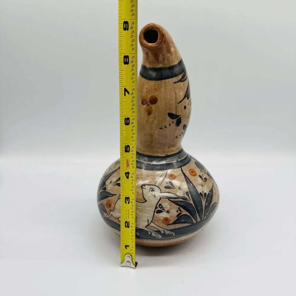 Vintage Tonala Mexican Folk Art Pottery Gourd Water Jug Burnished Clay Rabbit